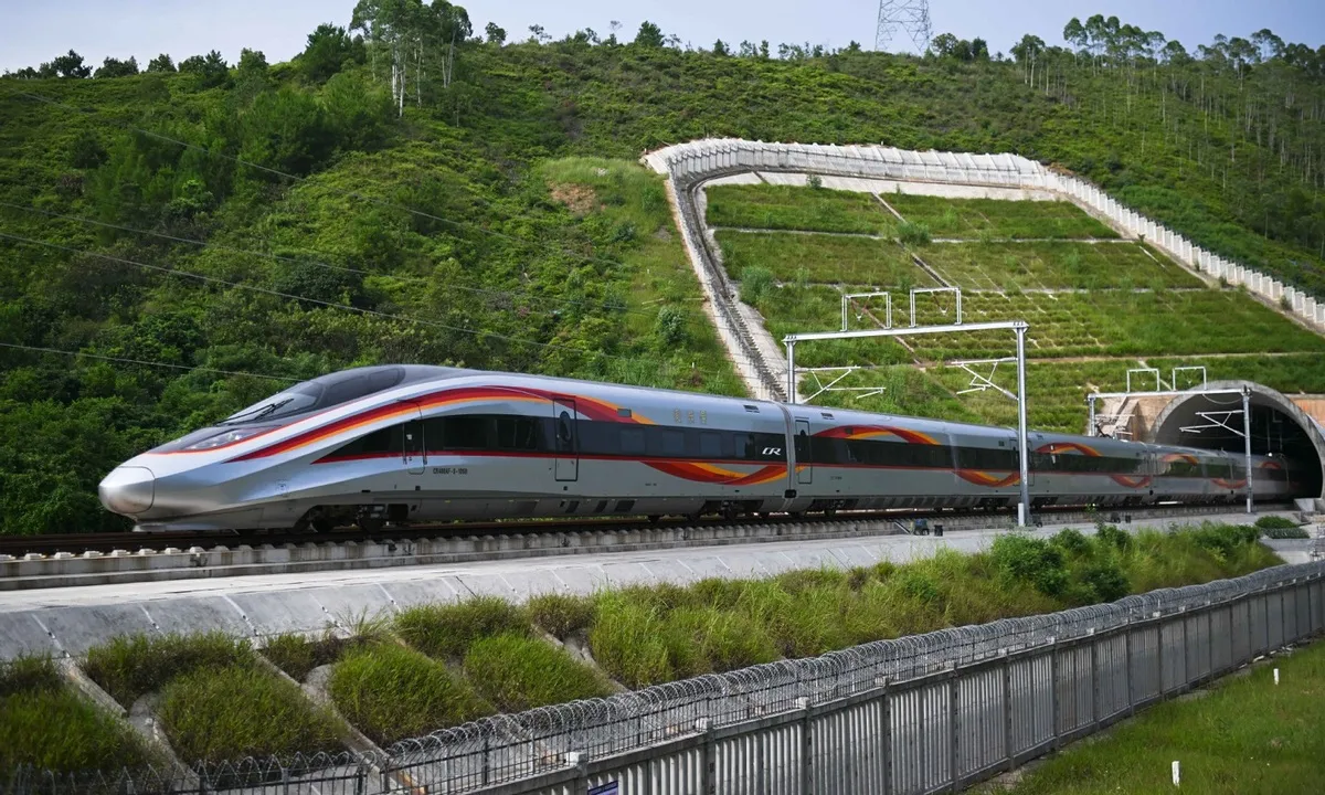 China high-speed train running on an elevated rail line
