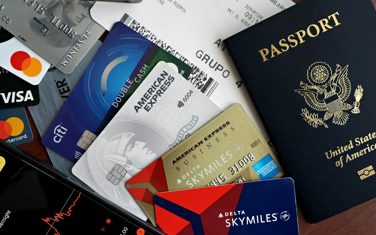 Passport, boarding pass, and payment cards prepared for China visa-free transit documents