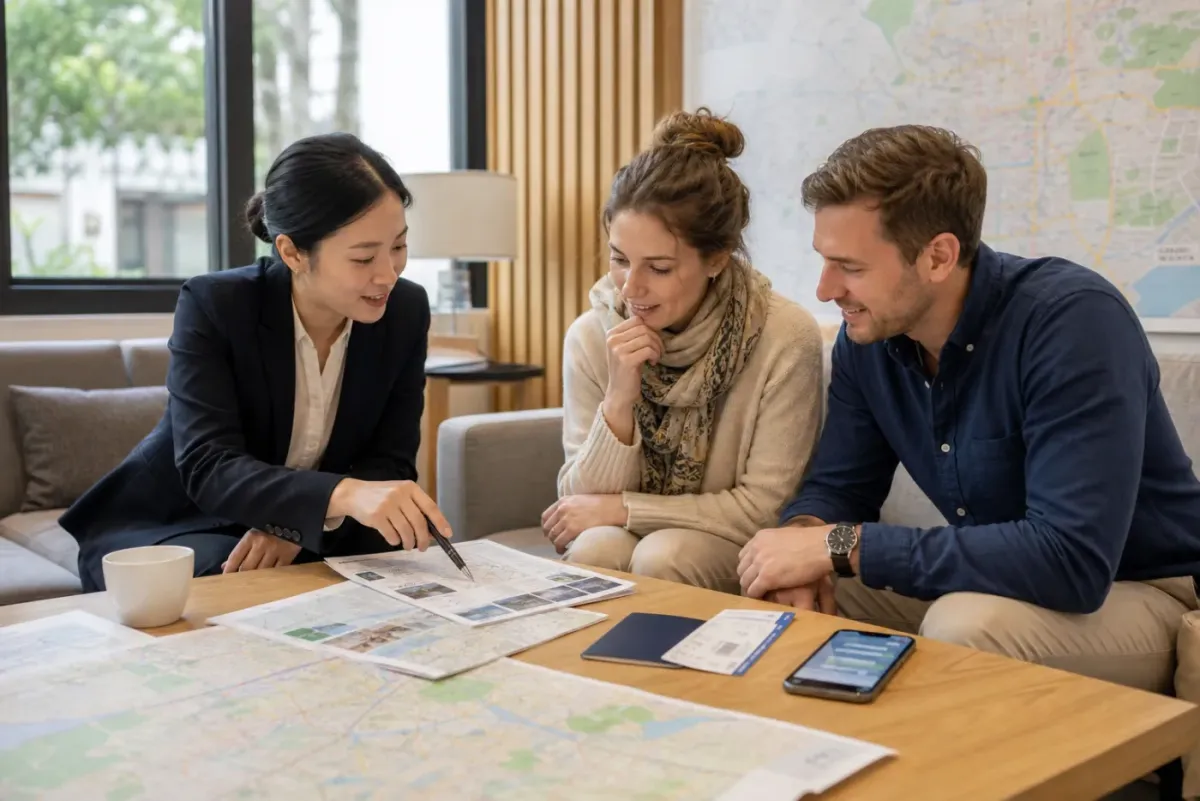 International travelers reviewing China travel documents and itinerary notes