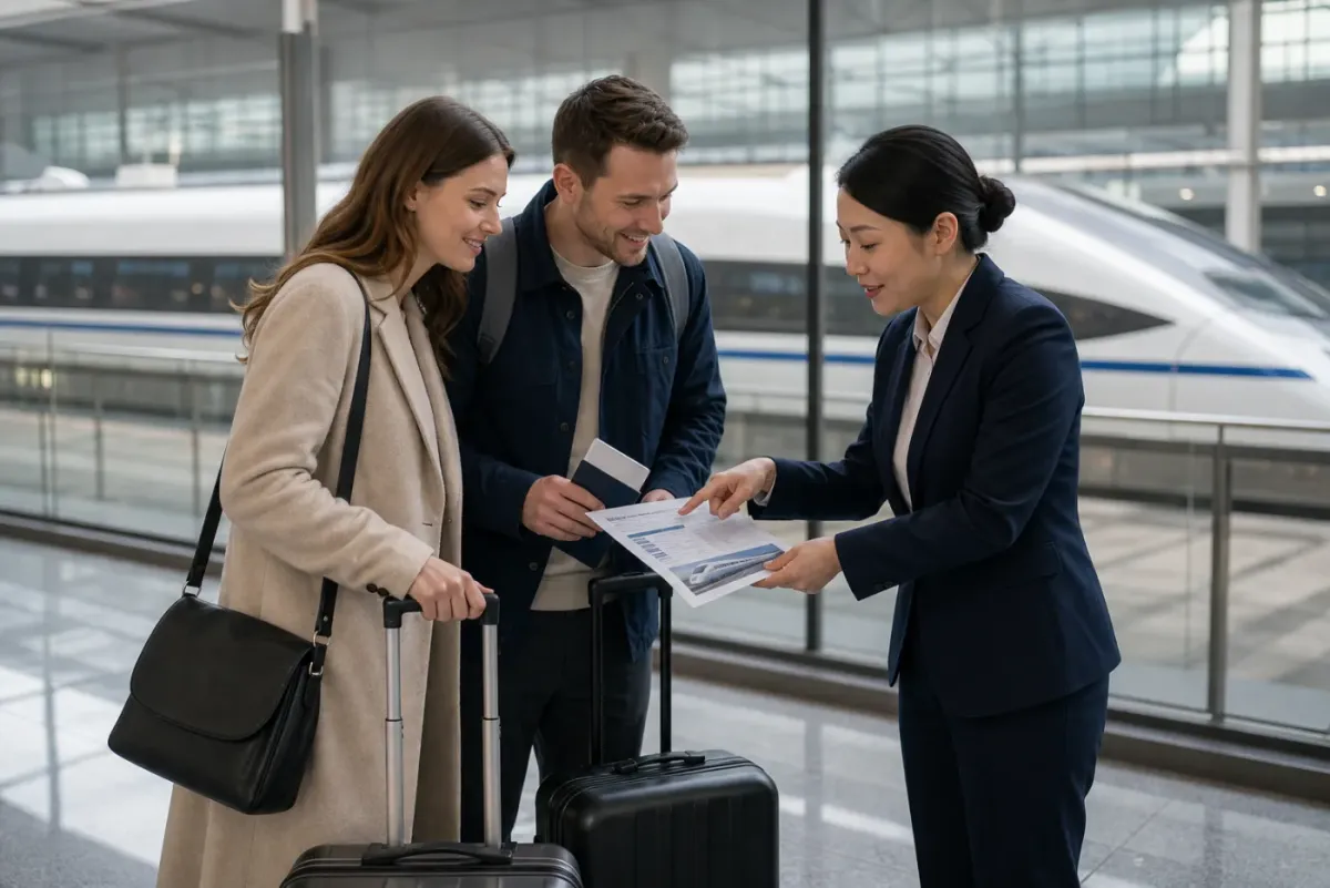 International travelers receiving China high-speed rail support at a modern train station