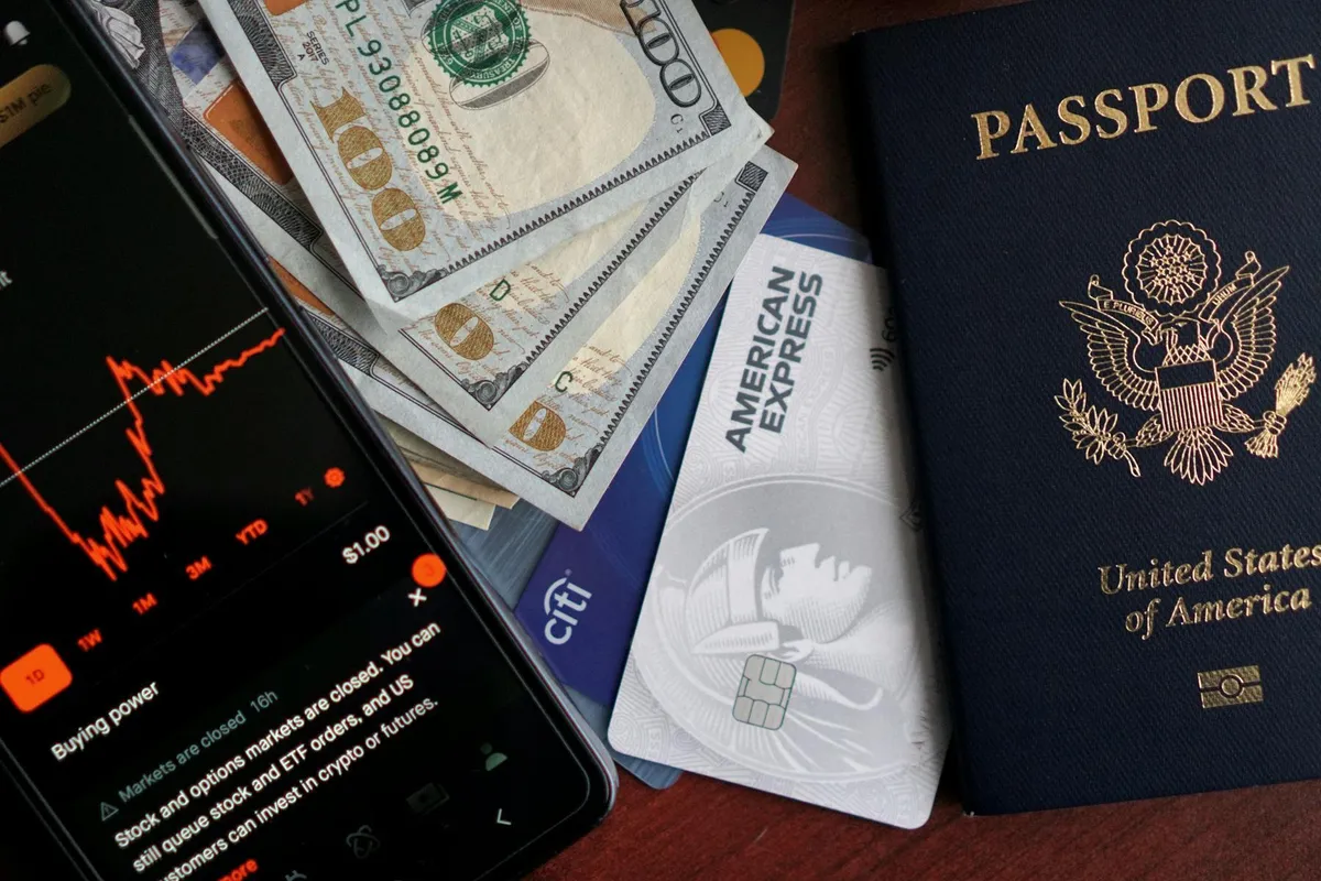 Passport, international cards, and cash prepared before traveling to China