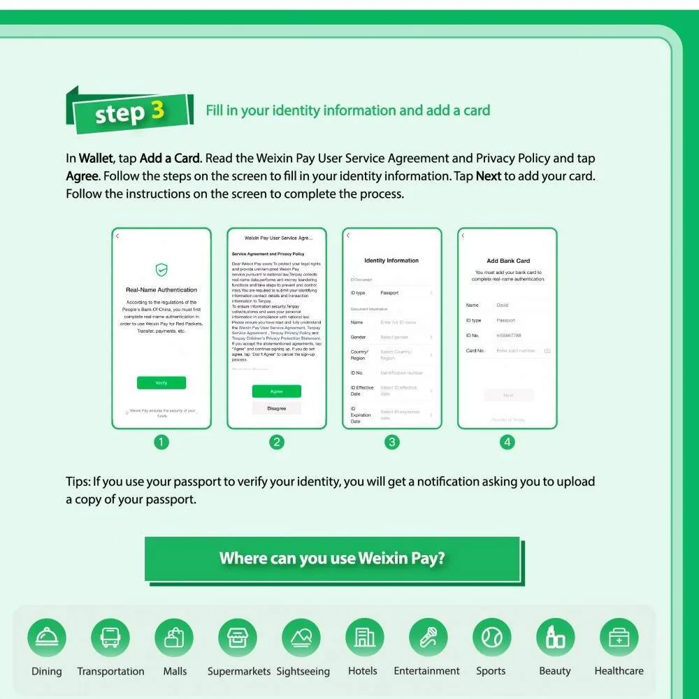 Official Weixin Pay guide showing identity verification and adding an international card
