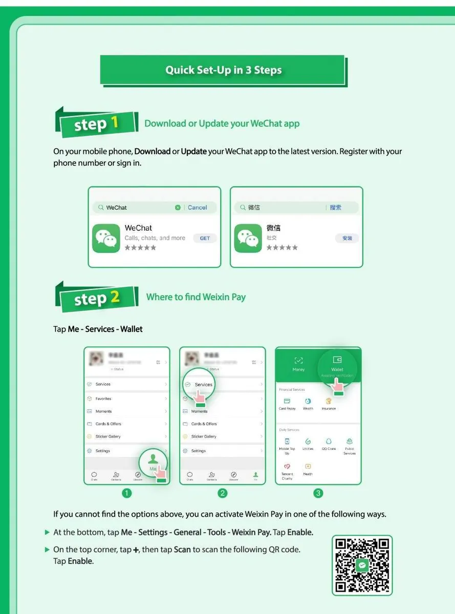 Official Weixin Pay guide showing how to download WeChat and find Weixin Pay wallet