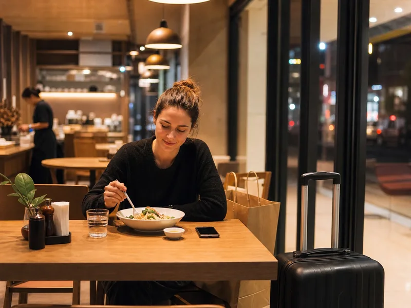 Traveler having an easy first-night meal near the hotel after arriving in China