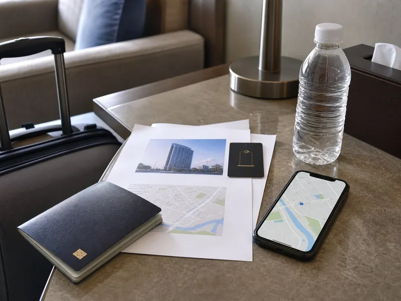 Passport, hotel address, map, and luggage prepared for China hotel check-in
