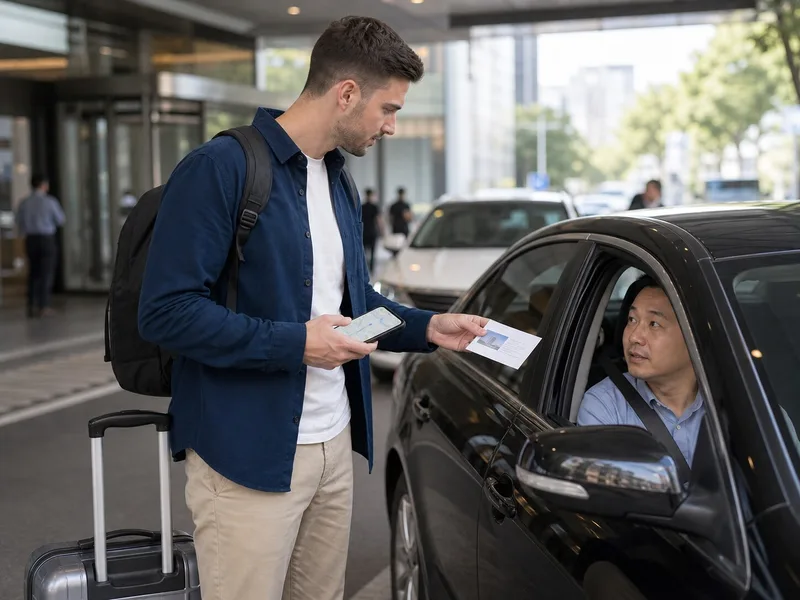 Traveler showing a Chinese hotel address card and phone map to a driver in China