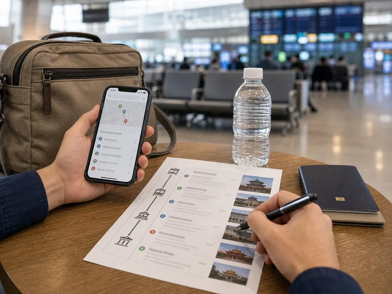 Traveler comparing saved Chinese destination names on a phone with a printed itinerary before departure