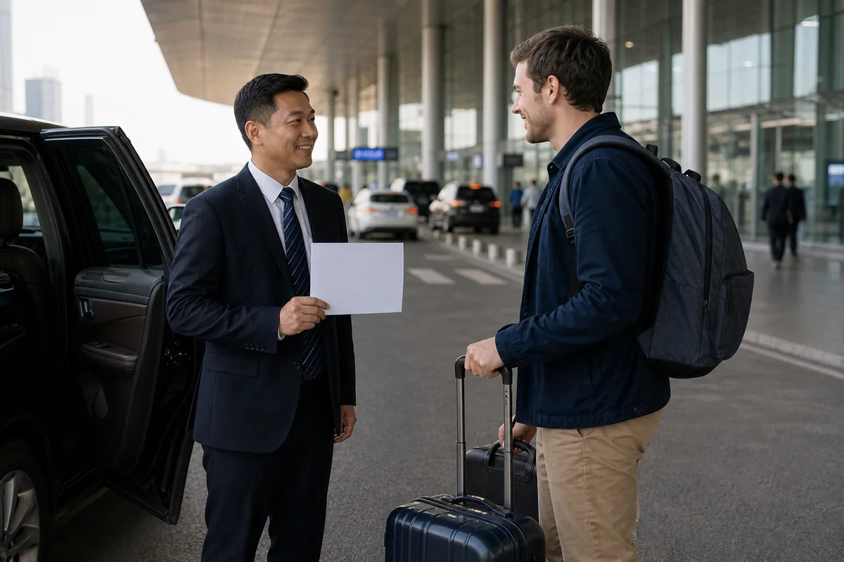 International traveler meeting a local driver at a China airport pickup area