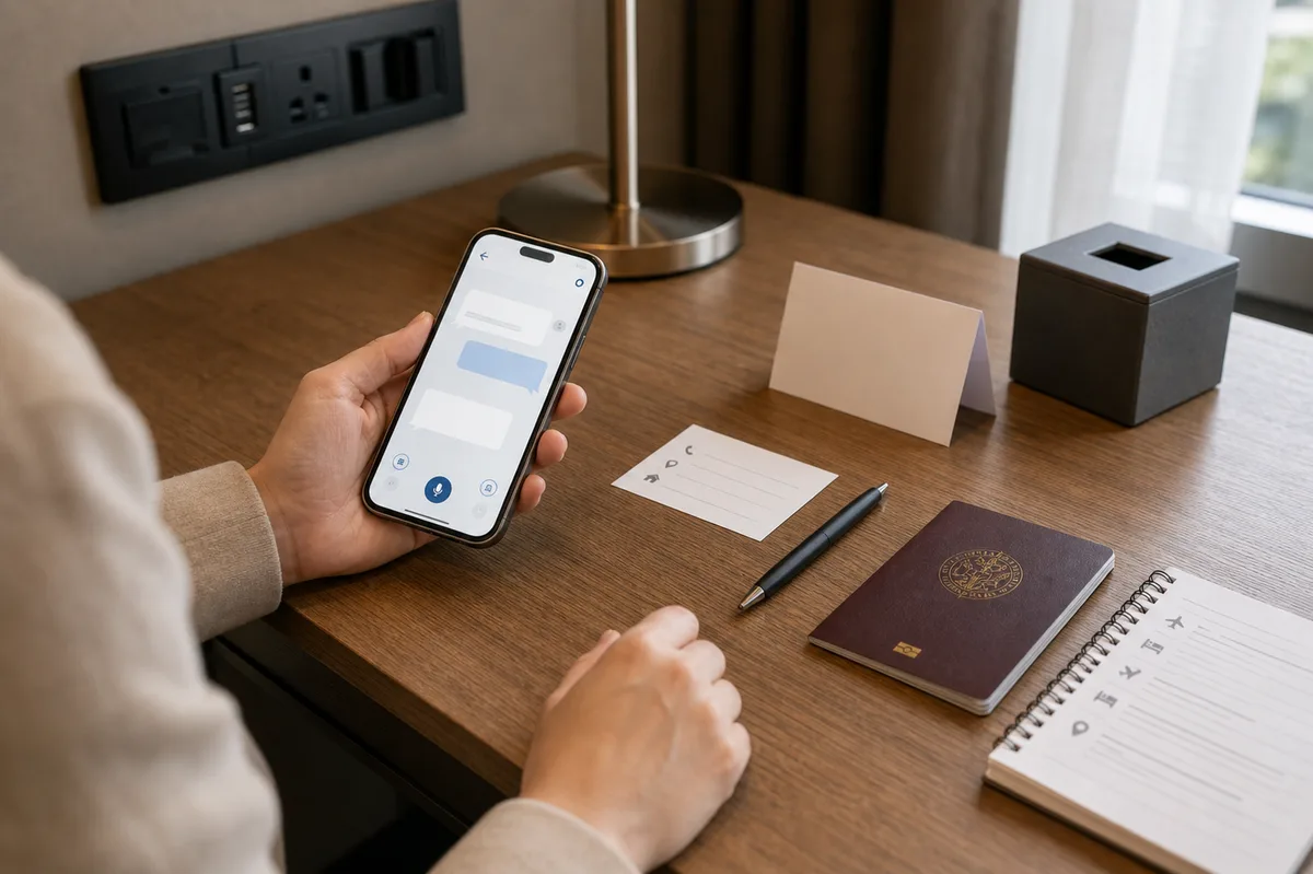 Phone translation app, address card, passport, and itinerary notes prepared for China travel communication