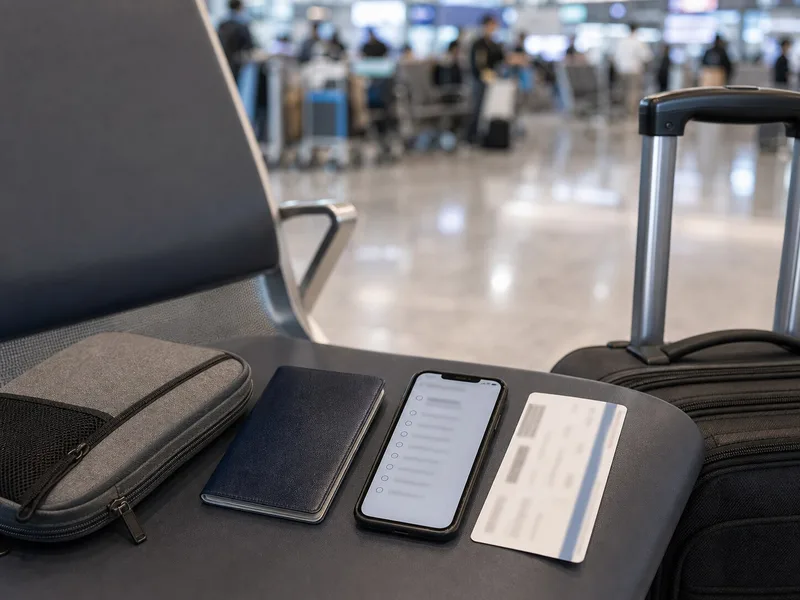 Passport cover, phone checklist, blurred boarding paper, and carry-on ready at the airport