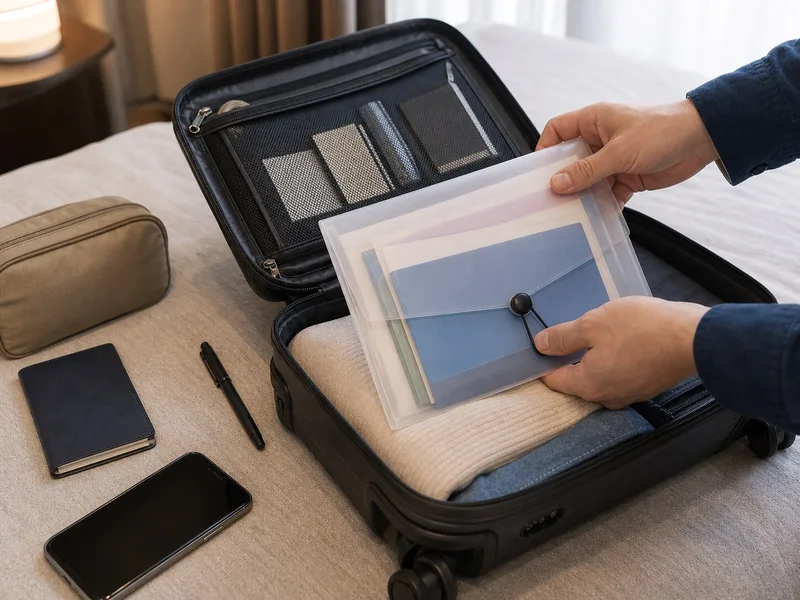 Document folder being packed into a carry-on bag before an international trip to China