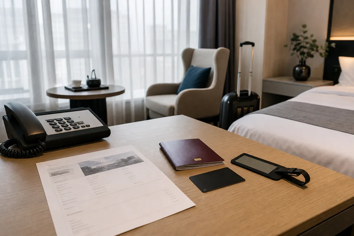 Hotel room desk with passport key card phone and booking documents for China hotel check-in