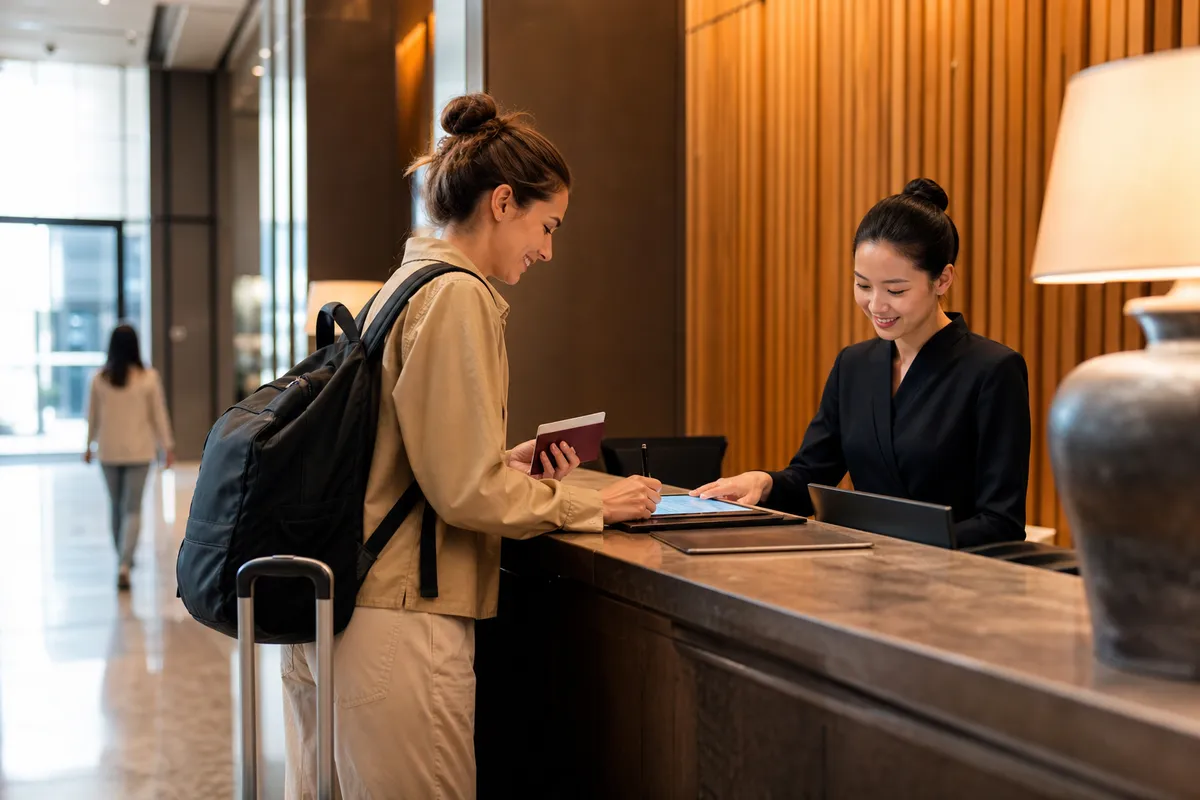 International traveler checking in at a modern China hotel front desk with passport and luggage