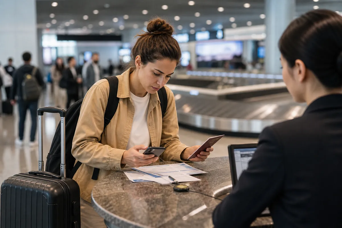 Traveler preparing baggage claim documents at an airport service counter after delayed luggage