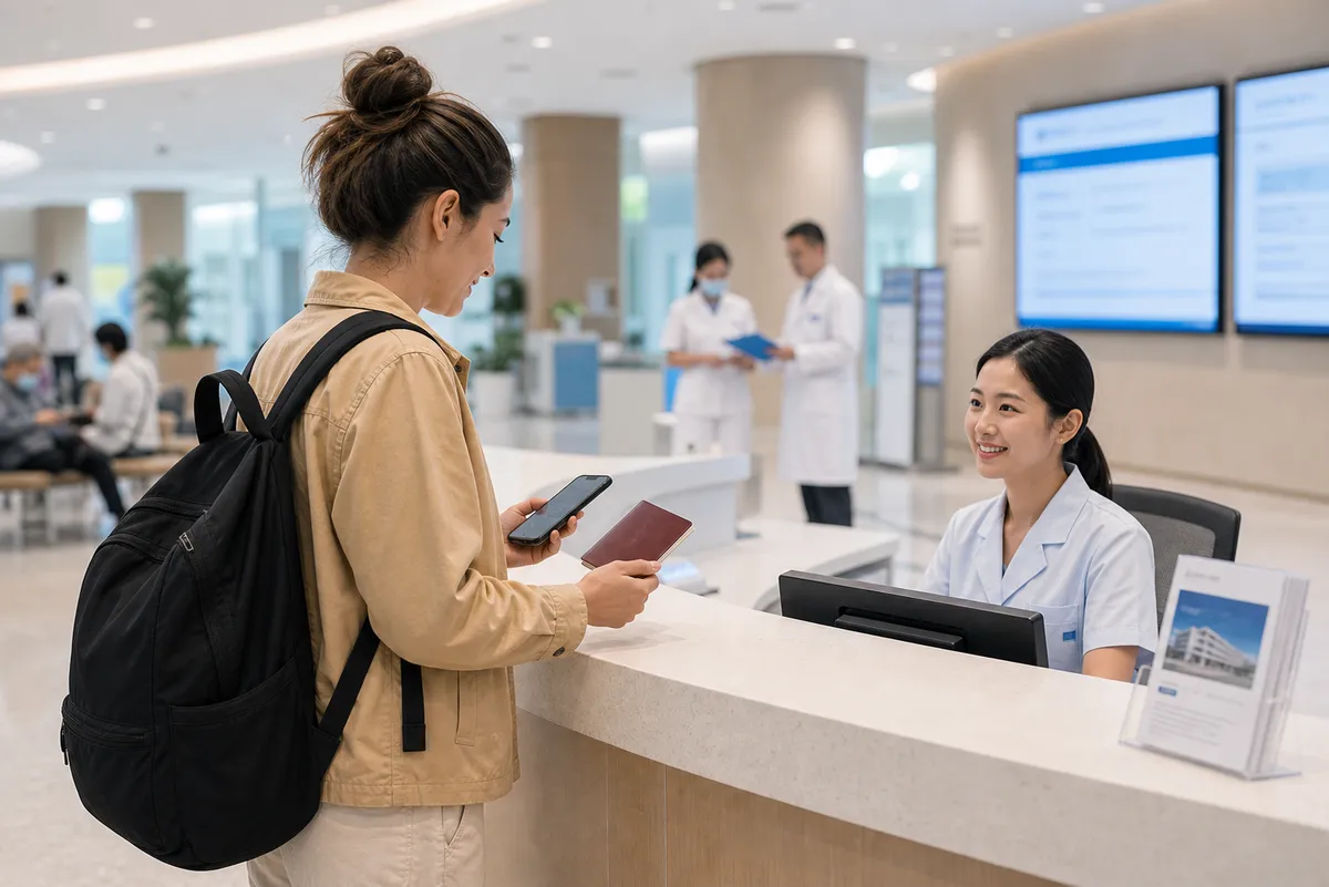 International traveler at a clinic registration desk in China with passport and phone