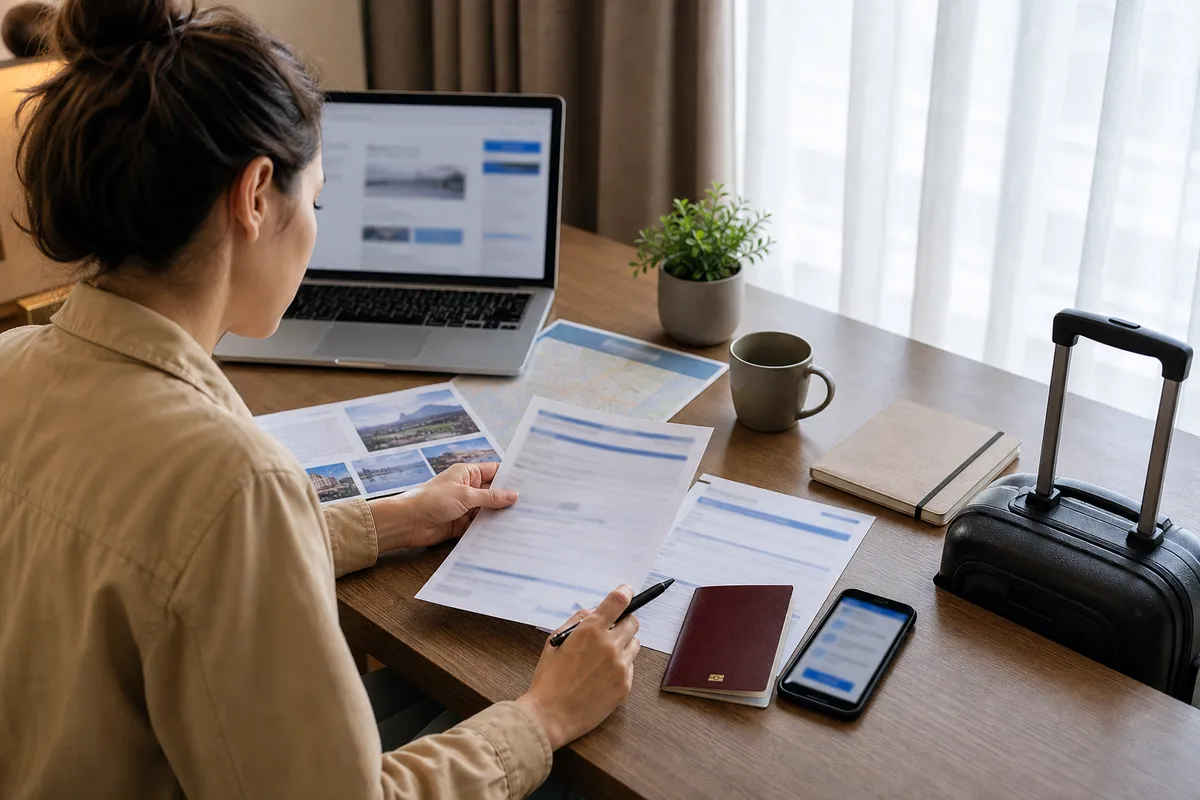 International traveler preparing passport and travel insurance documents before a China trip