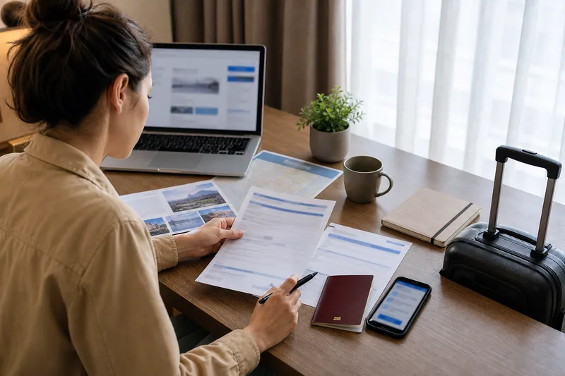 Trip documents, passport, phone, and travel insurance papers prepared before a China trip
