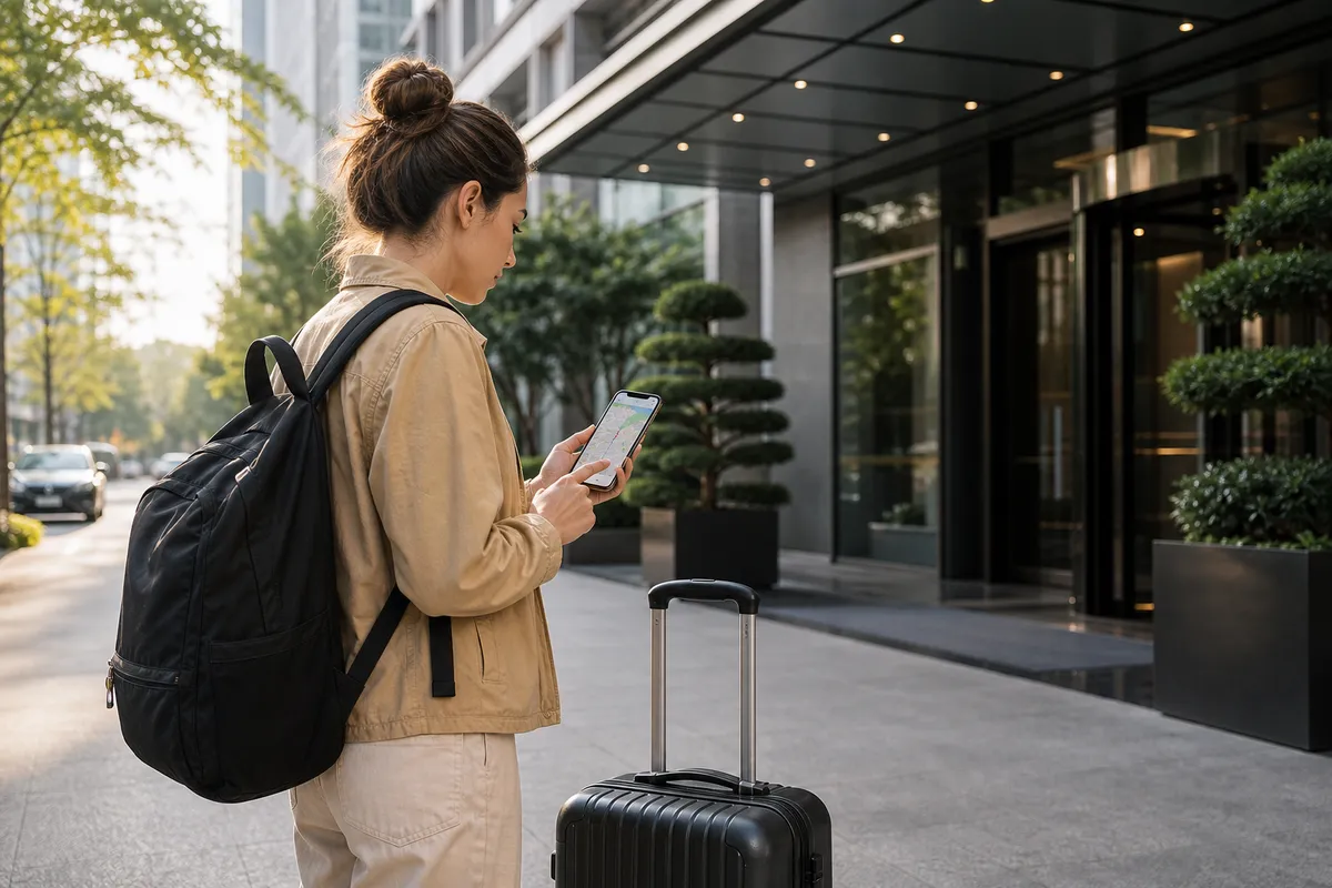 Traveler using a smartphone map outside a hotel entrance in China after setting up mobile internet