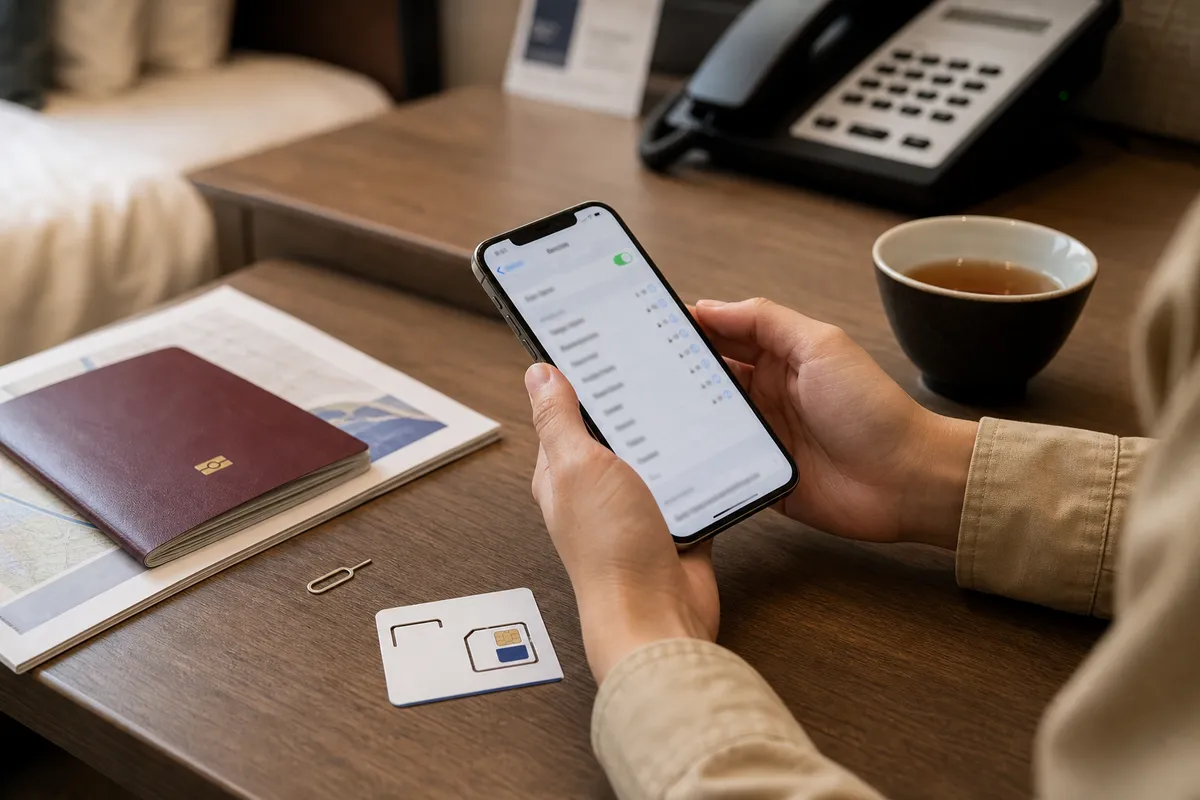Smartphone network settings and SIM card tools prepared on a hotel desk for China travel