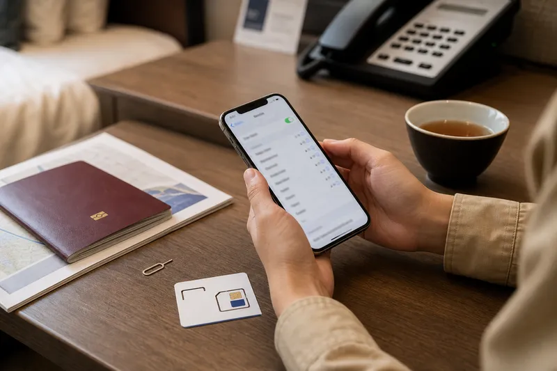 Smartphone network settings and SIM card tools prepared on a hotel desk for China travel