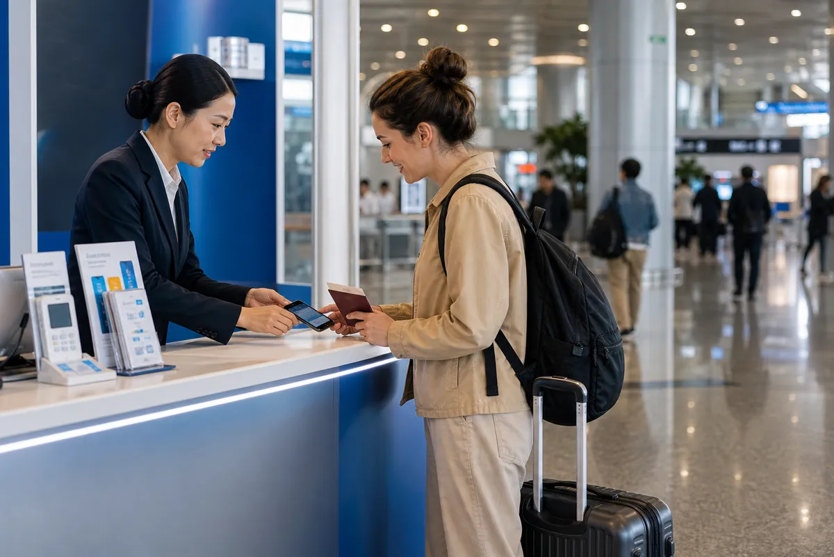 International traveler applying for a local SIM card at a China airport mobile service counter