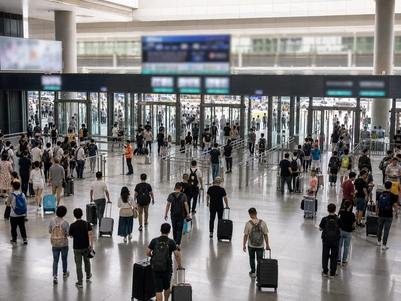 Wide view of a busy railway station exit area showing why meeting points matter in China