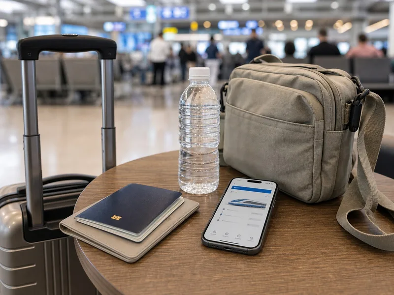 Passport, phone itinerary, water bottle, and luggage prepared before boarding a China high-speed train