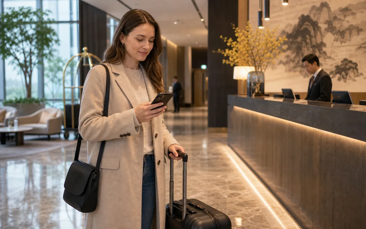 International traveler checking saved hotel address information on a phone in a China hotel lobby