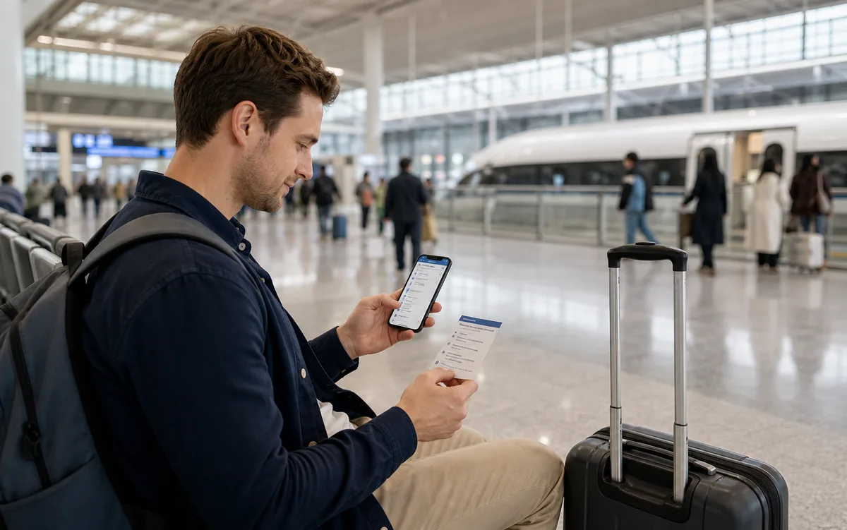 Traveler reviewing offline itinerary details on a phone at a China high-speed rail station