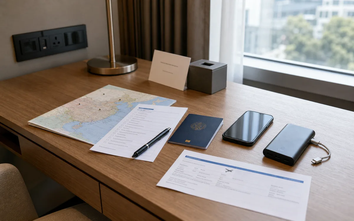 Passport phone power bank map and offline travel documents prepared before a China trip