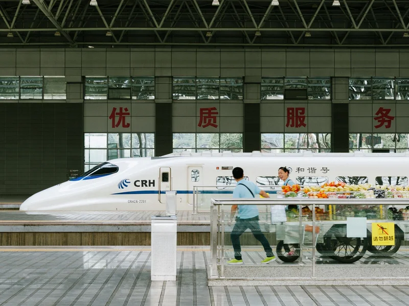 High-speed train at a railway platform in China with passengers preparing to board