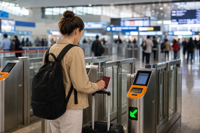 Traveler preparing passport for manual verification at a China high-speed rail station gate