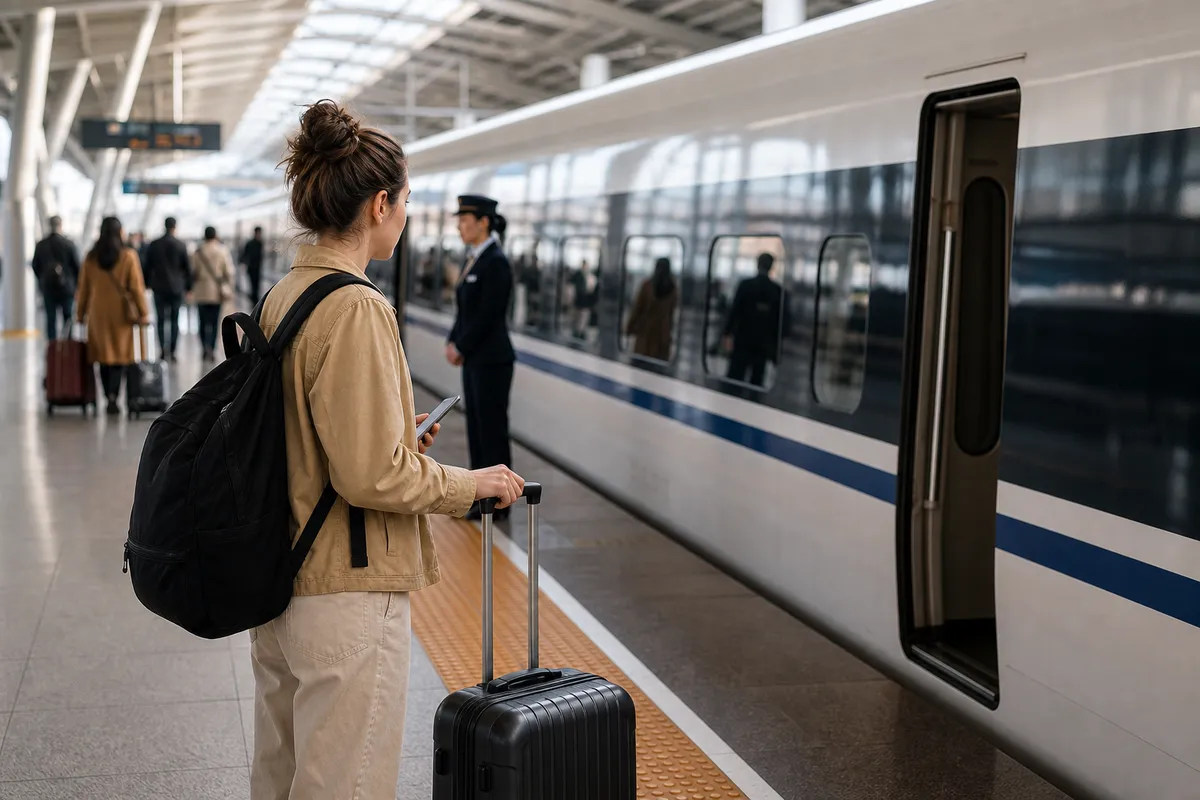 Traveler with suitcase finding the correct carriage on a China high-speed train platform