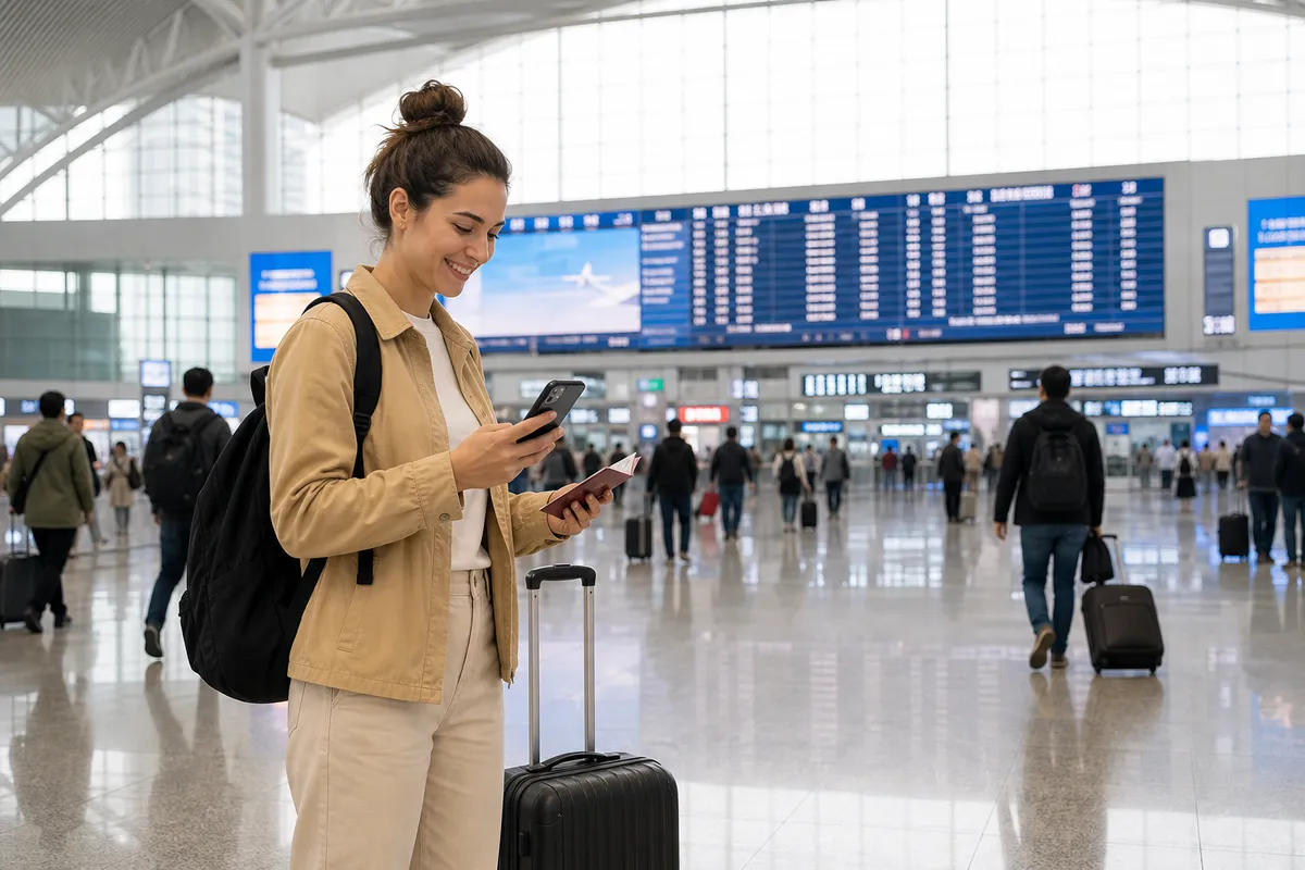International traveler checking a China high-speed rail ticket confirmation in a modern railway station concourse
