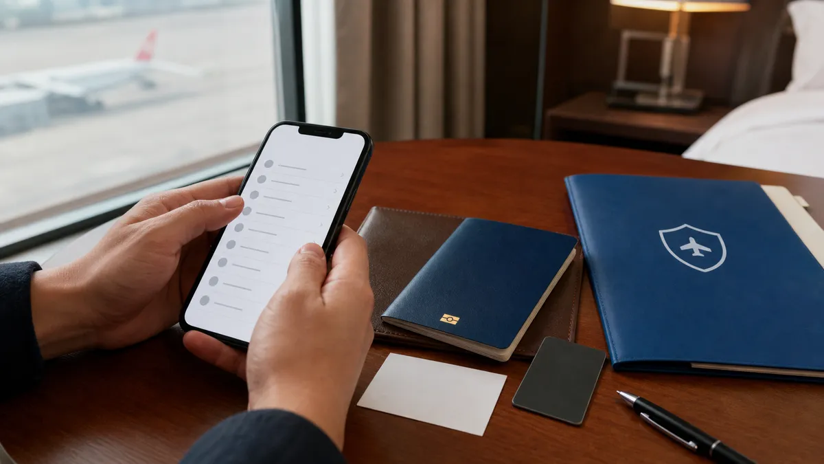 Traveler saving official contacts insurance details and support information before visiting China