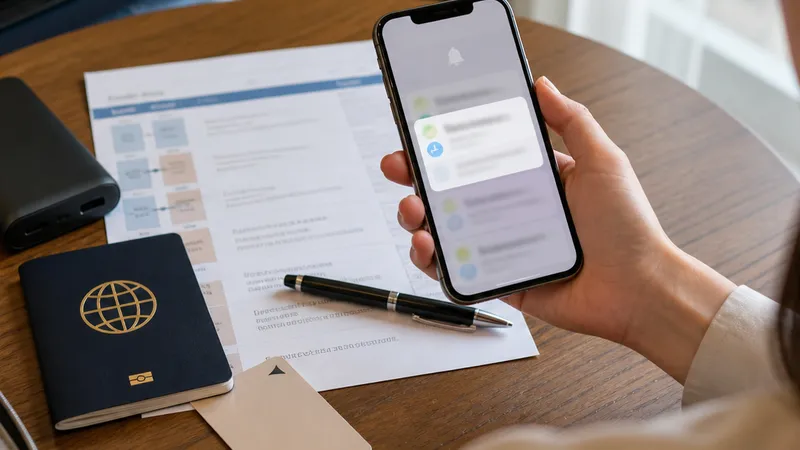 Traveler checking a schedule change update with passport and itinerary documents nearby
