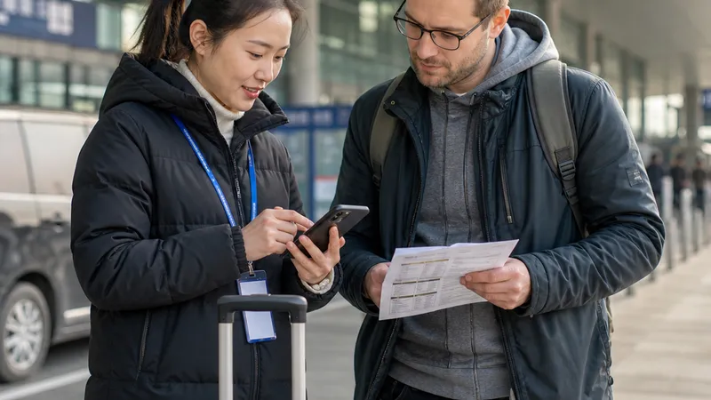 Local travel coordinator confirming a changed transfer meeting point with an international traveler
