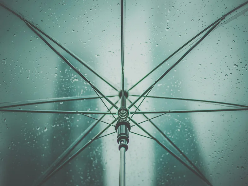 Raindrops on an umbrella in Shanghai as a reminder to pack for changing weather
