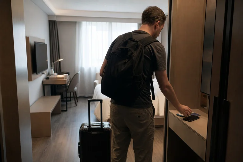 Traveler placing a hotel key card and phone beside luggage in a China hotel room
