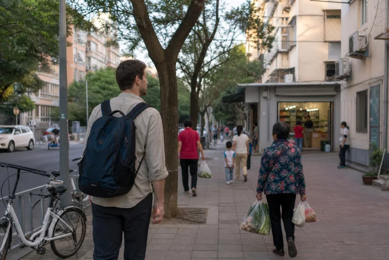 Public neighborhood sidewalk in a Chinese city with local residents