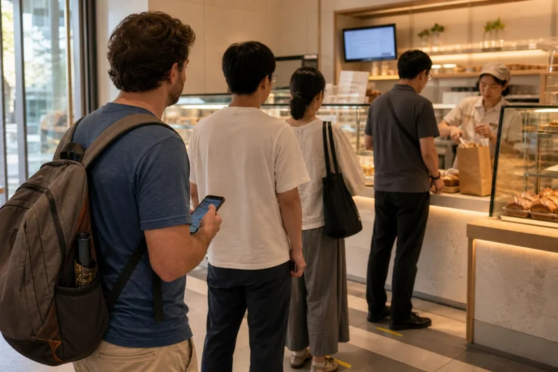 Traveler waiting respectfully in a Chinese bakery queue