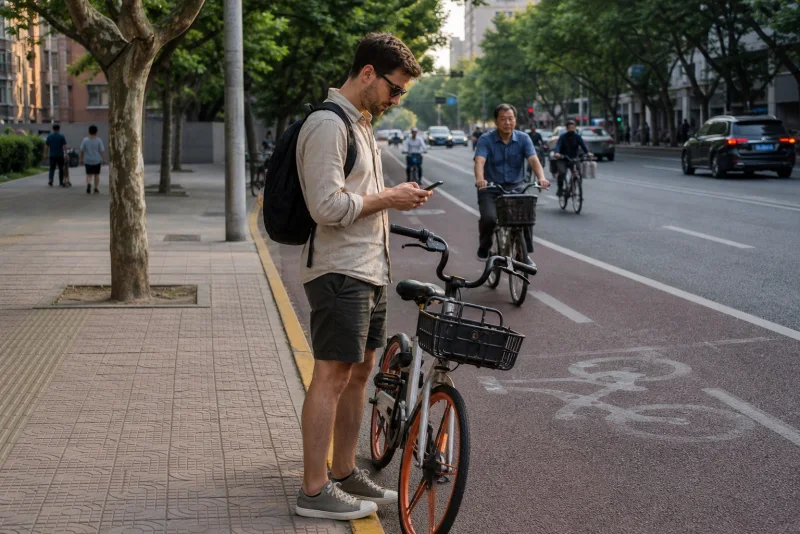 Traveler preparing to ride a bicycle in a Chinese city bicycle lane