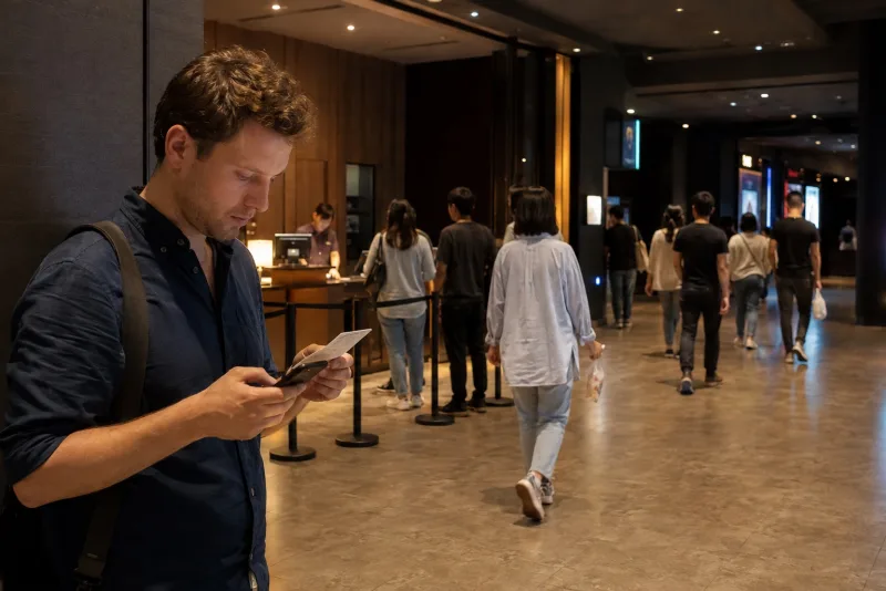 Moviegoers entering screening rooms at a Chinese city cinema