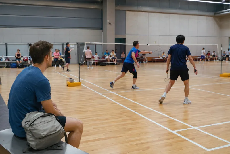 Badminton players using a shared indoor court at a Chinese community sports center