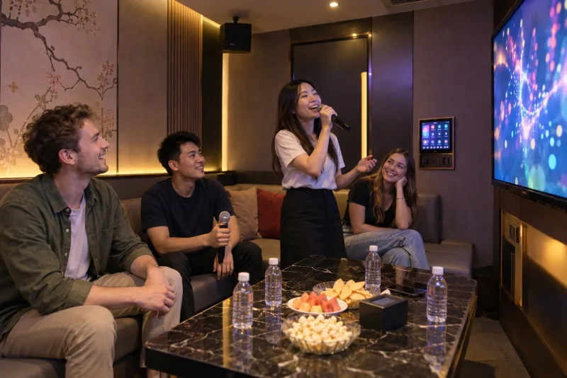 AI illustration of friends sharing microphones in a private KTV karaoke room in China