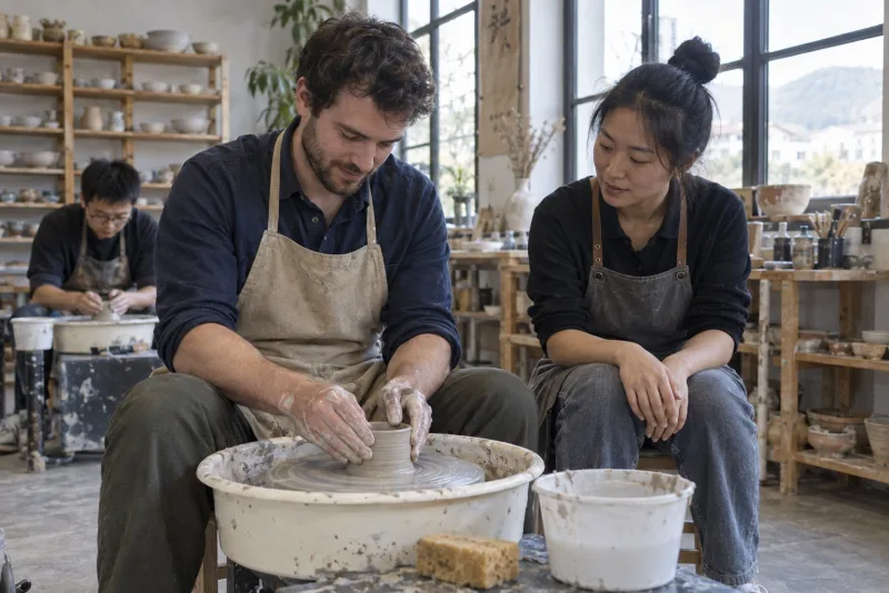 AI illustration of a traveler shaping a clay cup on a pottery wheel with an instructor in a Chinese studio