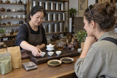 AI illustration of a traveler comparing tea samples with a seller in a Chinese tea shop