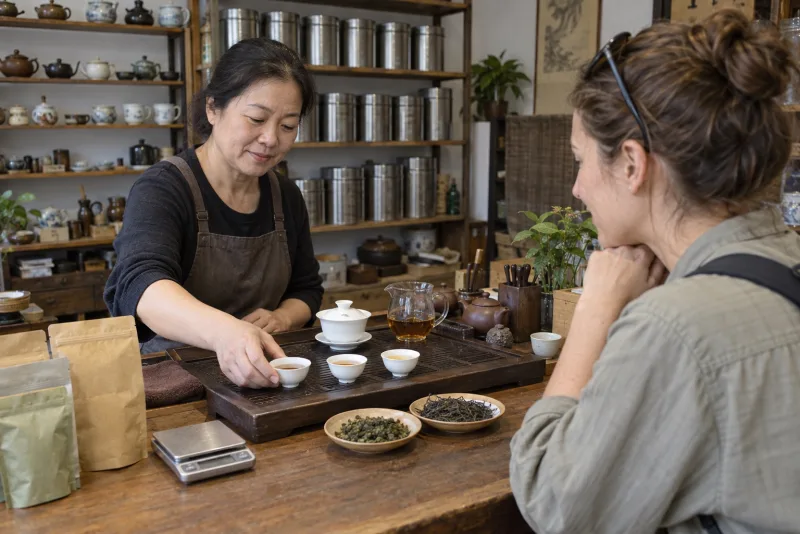 AI illustration of a traveler comparing tea samples with a seller in a Chinese tea shop