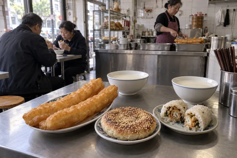 AI illustration of dabing, youtiao, a rice roll and soy milk in a Shanghai-style breakfast shop